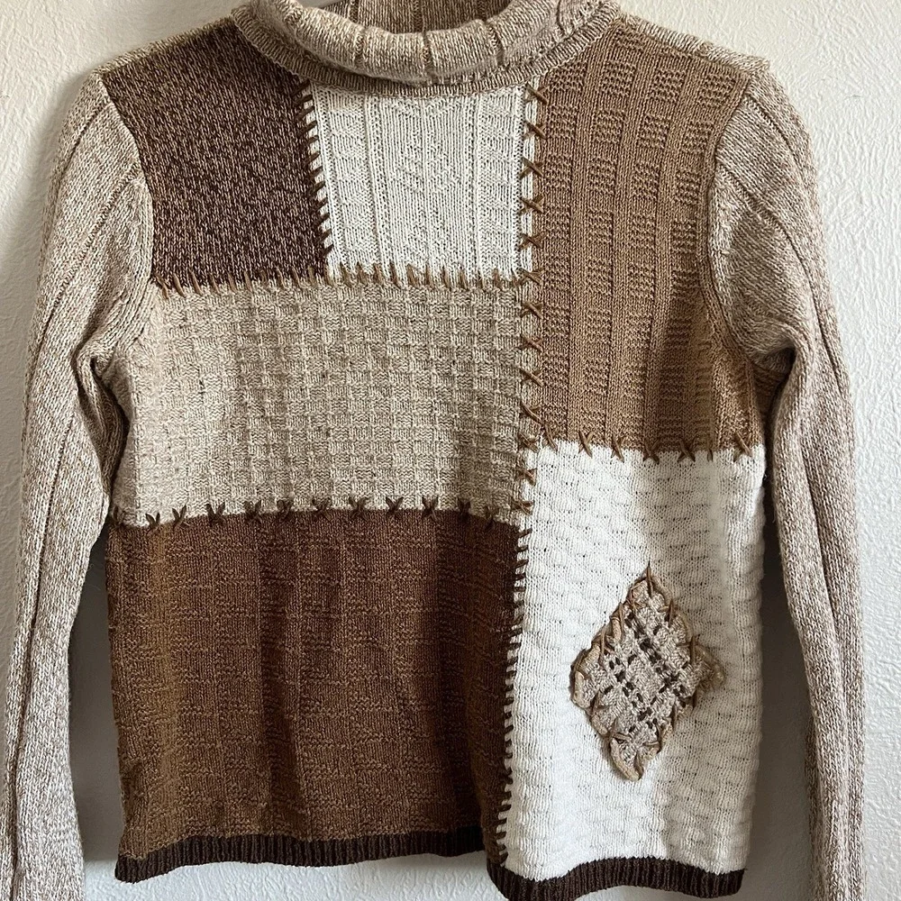 Vintage 90s  Fall Patchwork Knit Sweater Beige brown neutrals Medium turtleneck - Picture 5 of 8